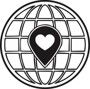 Black and white graphic of a globe with a heart pin on a grid pattern vector