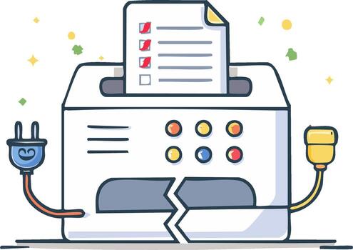 roto oficina máquina con un Lista de Verificación documento dibujos animados ilustración representando técnico fracaso y error vector