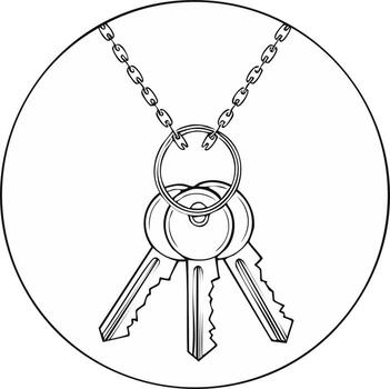 A simple black and white line art illustration of three keys on a key ring with a chain vector