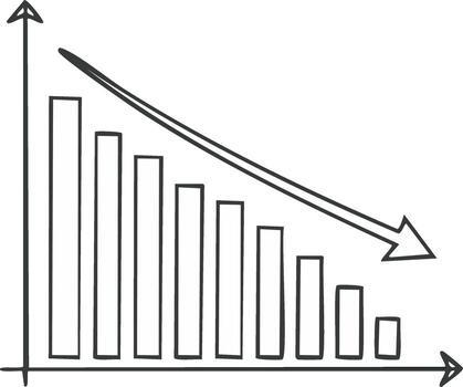 Hand-drawn Declining Bar Chart Showing Reduction with Arrow Symbolizing Downtrend or Loss vector