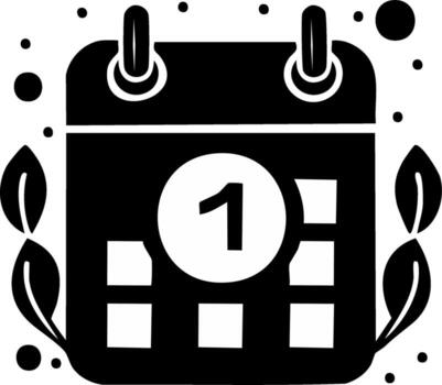 Minimalist black calendar icon showing the first day with decorative leaves and dots vector