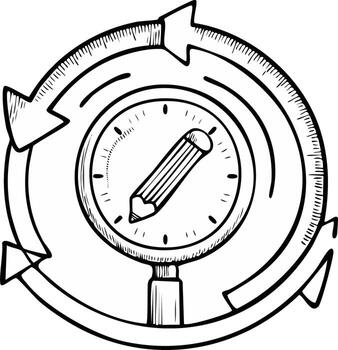 creativo hora administración y continuo proceso lazo con un aumentador vaso y lápiz icono vector