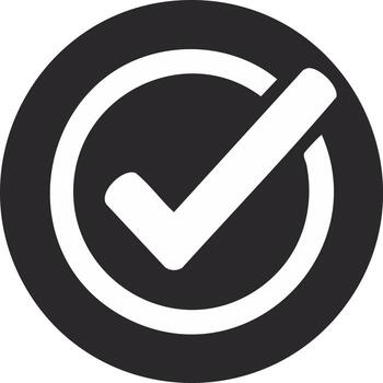 Black circle icon with a white check mark for success validation and confirmation vector