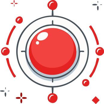 Stylized red target icon with circle design elements and starbursts on white vector
