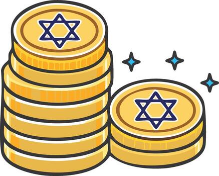 Stacks of gold coins featuring the Star of David symbol glowing with sparkle elements vector