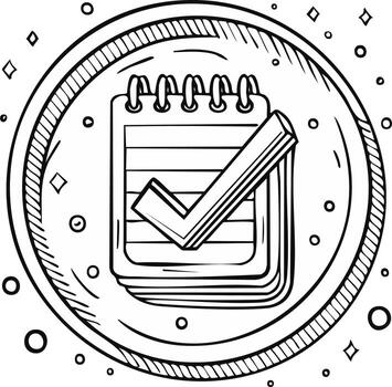 mano dibujado bosquejo de espiral cuaderno con marca de verificación icono en circulo vector