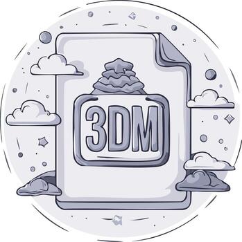 3DM file icon with clouds and stars in a hand drawn sketch style vector