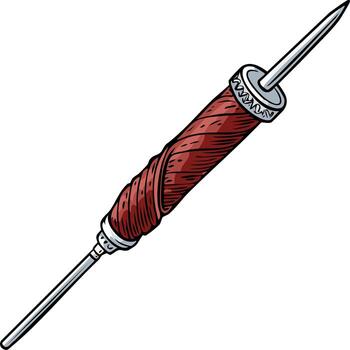 Traditional hand stitching awl tool with red wrapped handle and sharp point vector