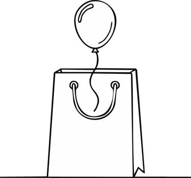 Simple line drawing of a gift bag with a balloon floating above tied with a string vector