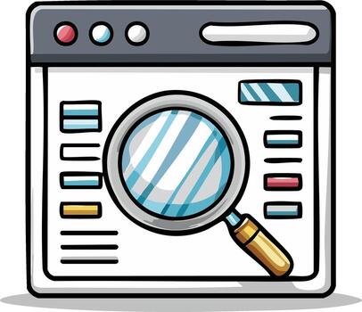 Webpage with magnifying glass cartoon illustration for search and data analytics vector