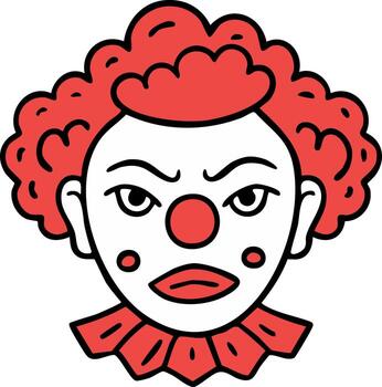 Cartoon-style drawing of a grumpy clown face with a red nose, red wig, collar, and angry eyebrows, flat design illustration vector