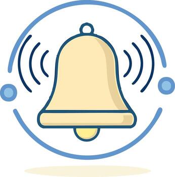 Illustration of a ringing notification bell in a circular frame with sound waves, cartoon style vector