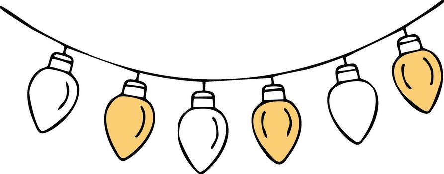 Festive doodle string lights with alternating glowing and outline bulbs for holidays vector