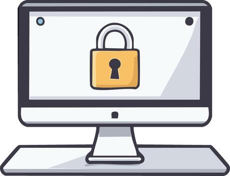 Desktop computer monitor with a padlock icon on the screen symbolizing cybersecurity and data protection vector