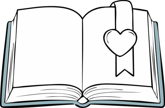 Open book with a heart-shaped bookmark on the right page, empty pages, book cover, simple line drawing vector