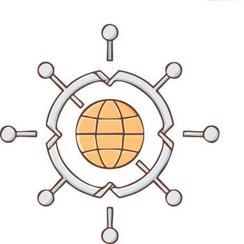 Worldwide communication icon showing a globe with radiating pins and a circular network vector