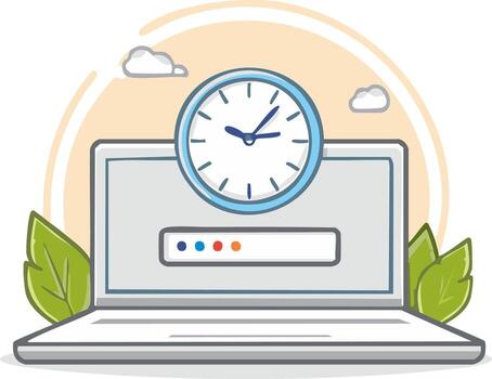Illustration of a laptop and a clock symbolizing efficient time and digital work process vector