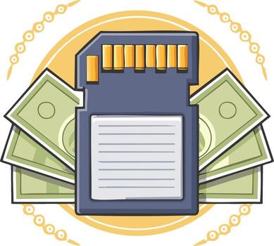 Illustration of a secure digital memory card and cash money symbolizing earning from data vector
