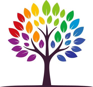 Stylized Rainbow Tree with Colorful Leaves and Dark Trunk vector