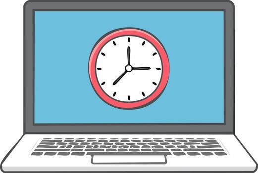 Laptop screen displays clock icon representing time management or deadlines vector