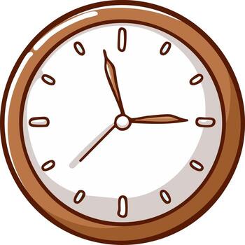 Cartoon illustration of a round analog clock with brown frame indicating a quarter past two vector