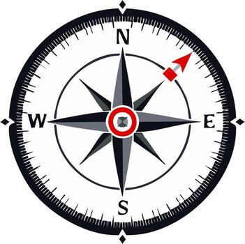 compass rose icon with a red arrow showing direction for navigation and exploration vector
