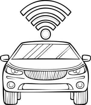 Front view outline of a car with a Wi-Fi signal emitting from the roof indicating connectivity vector