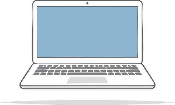 Hand drawn laptop computer illustration with a blank blue screen front view art vector