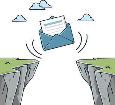 un letra en un sobre saltos a través de un amplio abismo representando un comunicación desafío vector