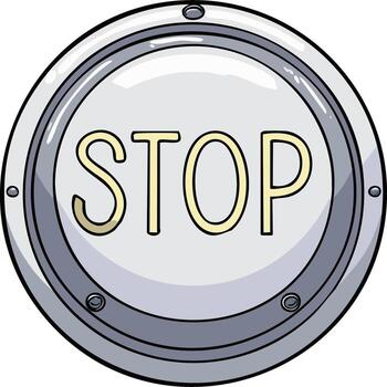Cartoon stop button illustration with metal frame, light cream letters, and rivets vector