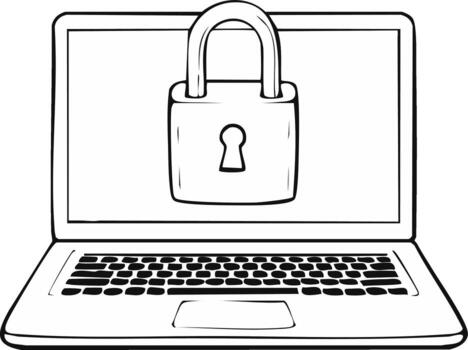 Hand drawn laptop and padlock icon symbolizing computer security, network protection, and encryption vector