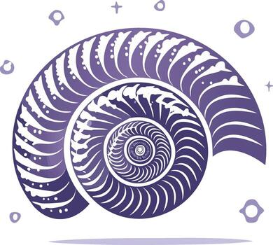 Purple Nautilus Shell Illustration Swirls and Celestial Elements in Geometric Design vector