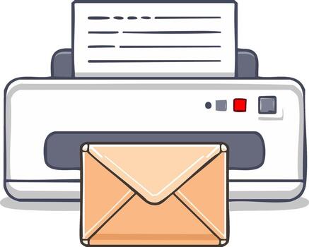 Office printer delivering an important paper document and sending a sealed envelope mail vector
