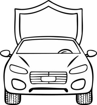 Automobile protected by shield symbol graphic art simple sketch of vehicle insurance protection concept vector