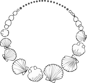 Decorative circular border with various seashells and simple round beads ocean themed art vector