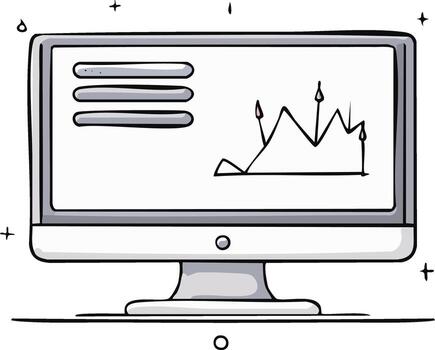 Doodle illustration of a desktop computer screen with a business analytics graph and data vector
