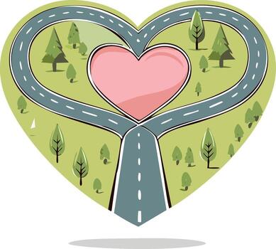 Heart shaped road splits into two paths with trees and a central pink heart symbol vector