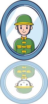 Person Dressed in Green Uniform with Helmet Reflected in Mirror vector