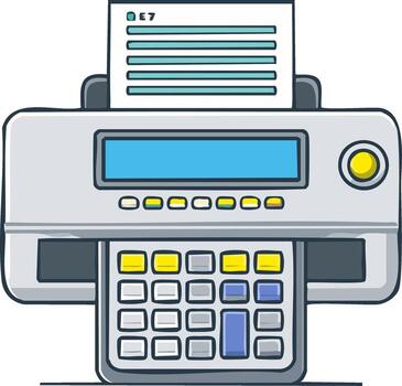 Retro office fax machine with digital screen and paper document in a fun cartoon style vector
