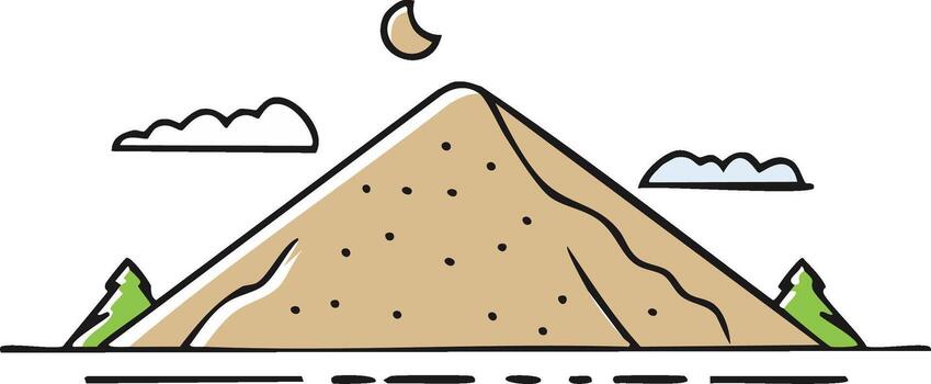 Minimalist hand drawn mountain scene with crescent moon clouds and trees vector