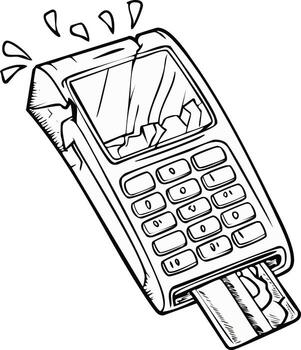 Broken POS terminal with credit card, shattered screen, sketch line drawing, finance failure, banking error, payment rejection, bad service, crisis vector