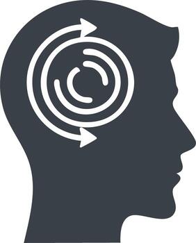 Human head silhouette with abstract circular arrows representing thought process and continuous mental activity vector