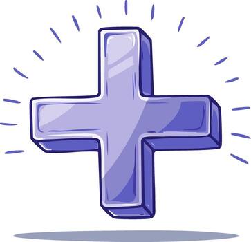 Illustrated plus sign symbol icon in hand-drawn style, geometric figure, simple cross shape, light source and shadow effect vector