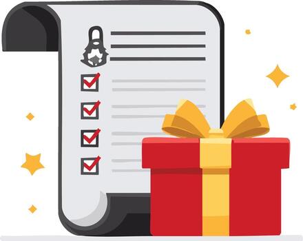 Wish list or goal achievement checklist with red checkmarks and a festive gift box vector
