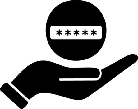 Abstract icon of a human hand securely holding a masked password field, symbolizing data protection and digital access vector