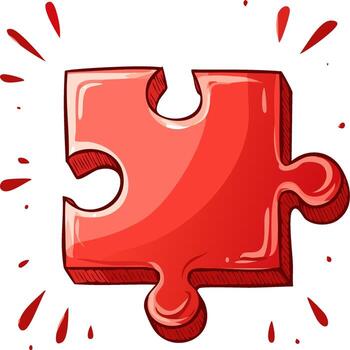 One isolated red puzzle piece with outline is surrounded by various light beams in a cartoon or doodle style vector