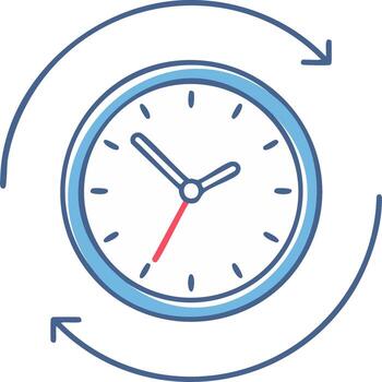 Hand drawn clock icon with rotation arrows depicting time management or recurring events illustration, representing schedule and deadlines vector