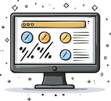 computadora pantalla mostrando un tablero con cartas y gráficos en un garabatear estilo vector