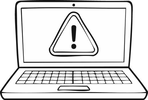 mano dibujado ordenador portátil computadora con precaución advertencia firmar en pantalla indicando un digital error o alerta vector