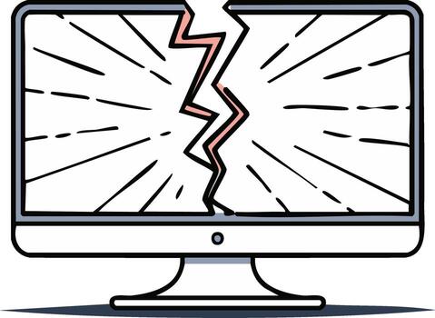 Broken computer screen with zigzag crack and radiating lines in cartoon style vector